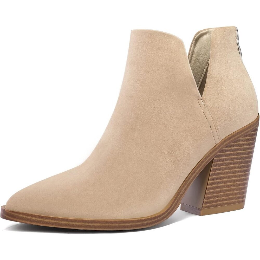 Mysoft Women's Tan Chunky Mid Heel Slip on Pointed Toe Stacked Ankle Boots
